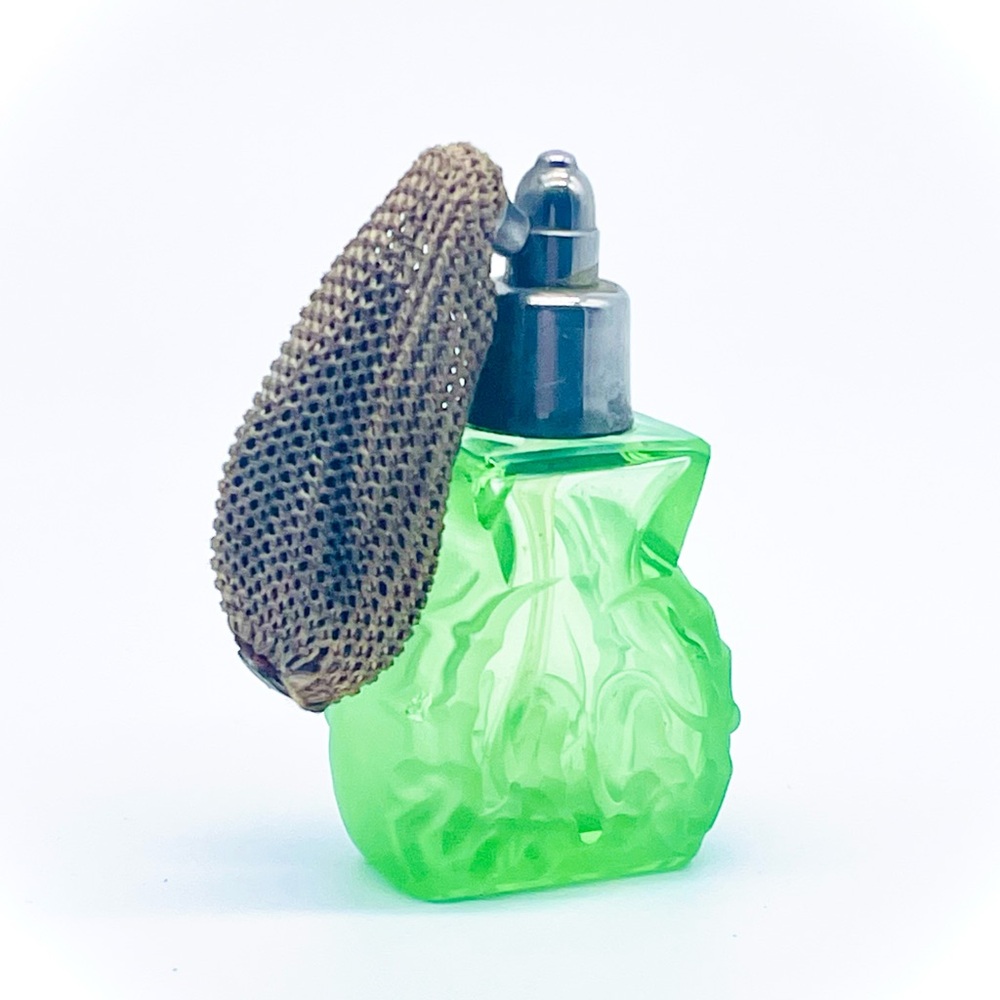 Art Deco Czechoslovakian Green Glass Perfume Atomizer, 30mL